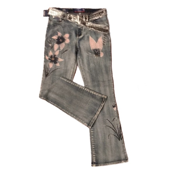 New flare leg denim jeans w/ belt painted & beaded with flowers and butterfly - Picture 1 of 13